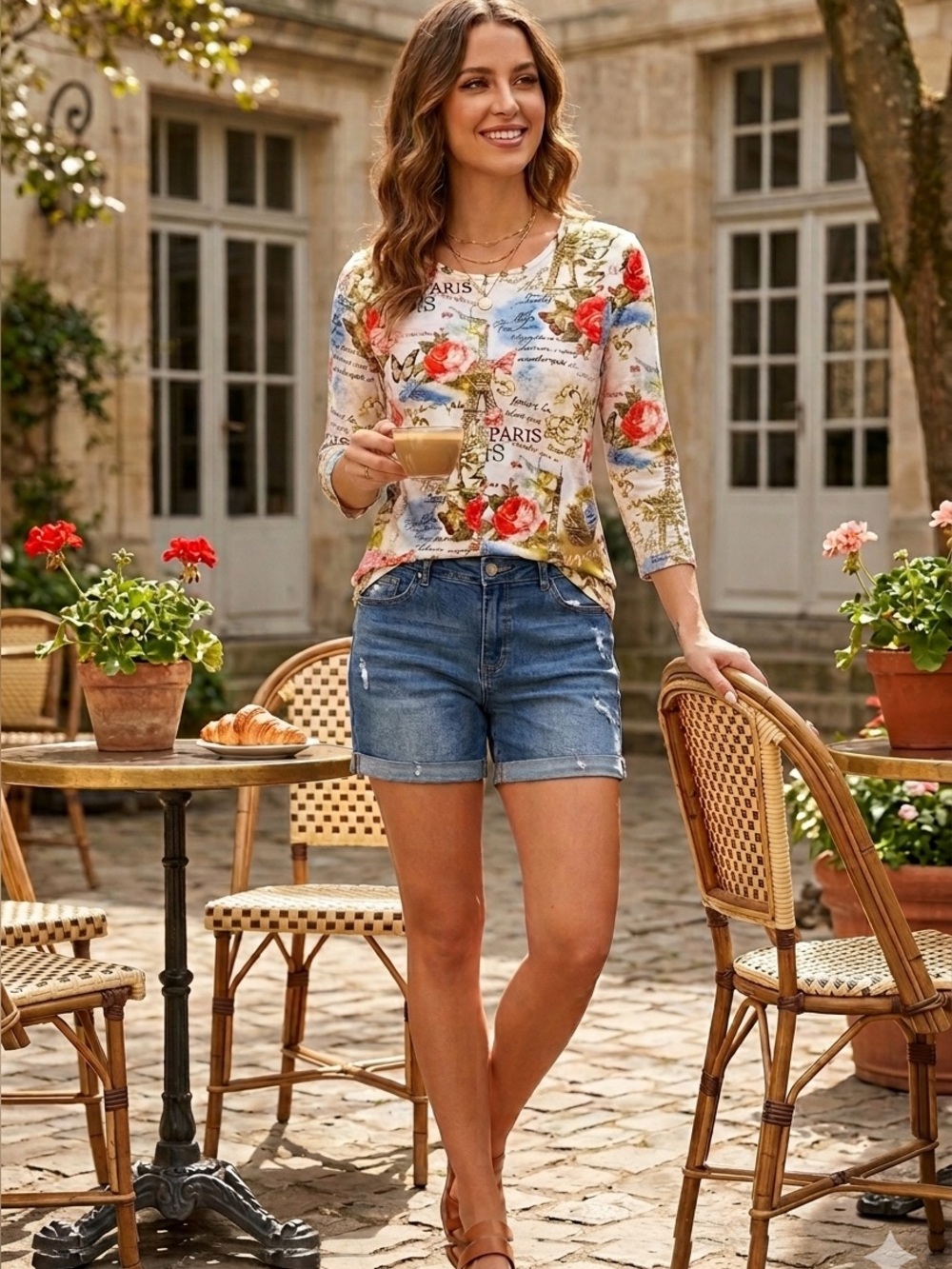Onque Casuals Travel Theme Collage Shirt Size M France Eiffel Tower Rose Spandex